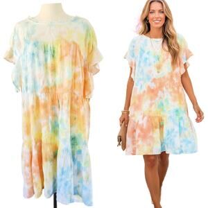 Anthropologie CURRENT AIR Oversized Tie Dye Tiered Dress Size XS Petite Boho